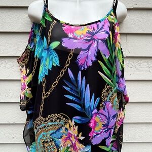 Sheer Tropical Print cold Shoulder Top with gold chain accents. Size Large.